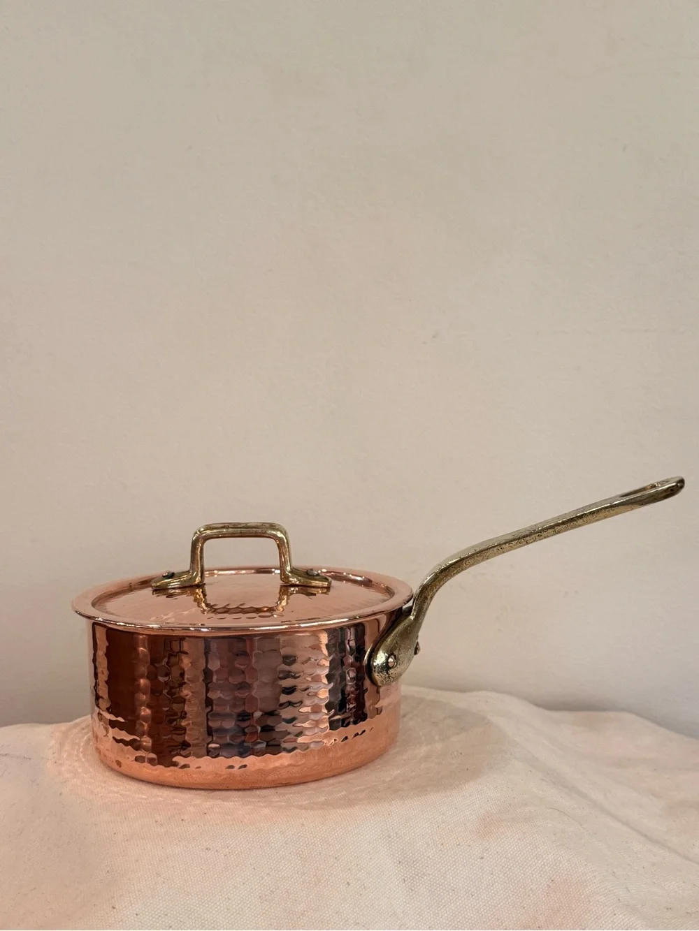 Vintage Copper Hammered Saucepan with lid and Brass Handle stainless steel lined